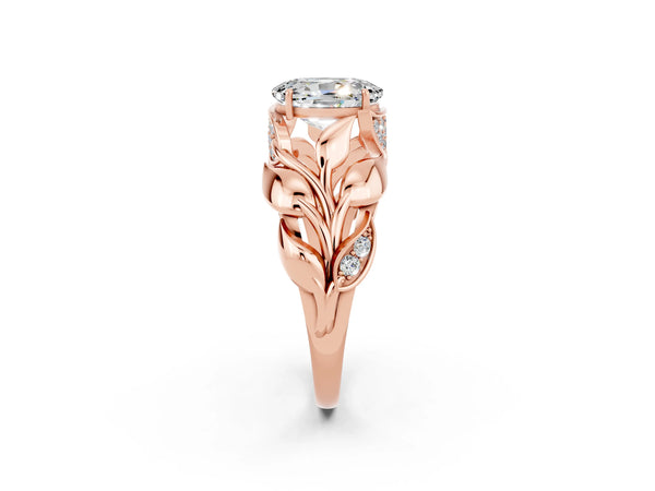 Rose gold Oval Cut Moissanite Leaf-Inspired Engagement Ring with Round Accents and Prong Setting