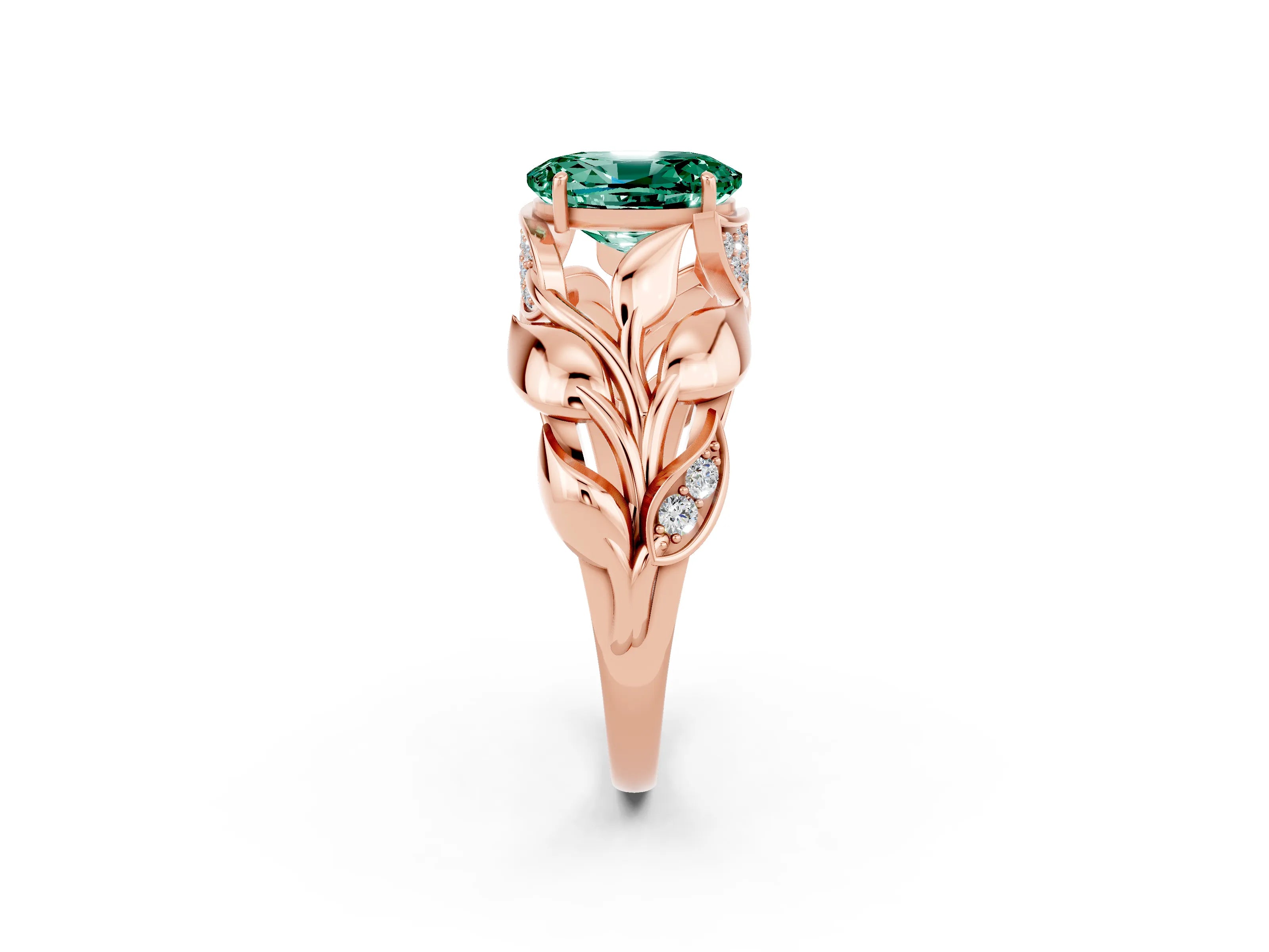 Rose gold Oval Cut Solitaire Leaf-Inspired Engagement Ring with Prong Setting_2