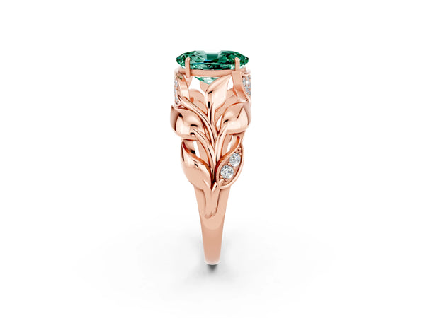 Rose gold Oval Cut Green Sapphire Leaf-Inspired Engagement Ring with Round Accents and Prong Setting