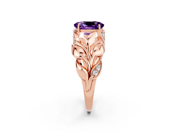 Rose gold Oval Cut Amethyst Leaf-Inspired Engagement Ring with Round Accents and Prong Setting