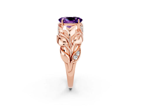 Rose gold Oval Cut Solitaire Leaf-Inspired Engagement Ring with Prong Setting_2