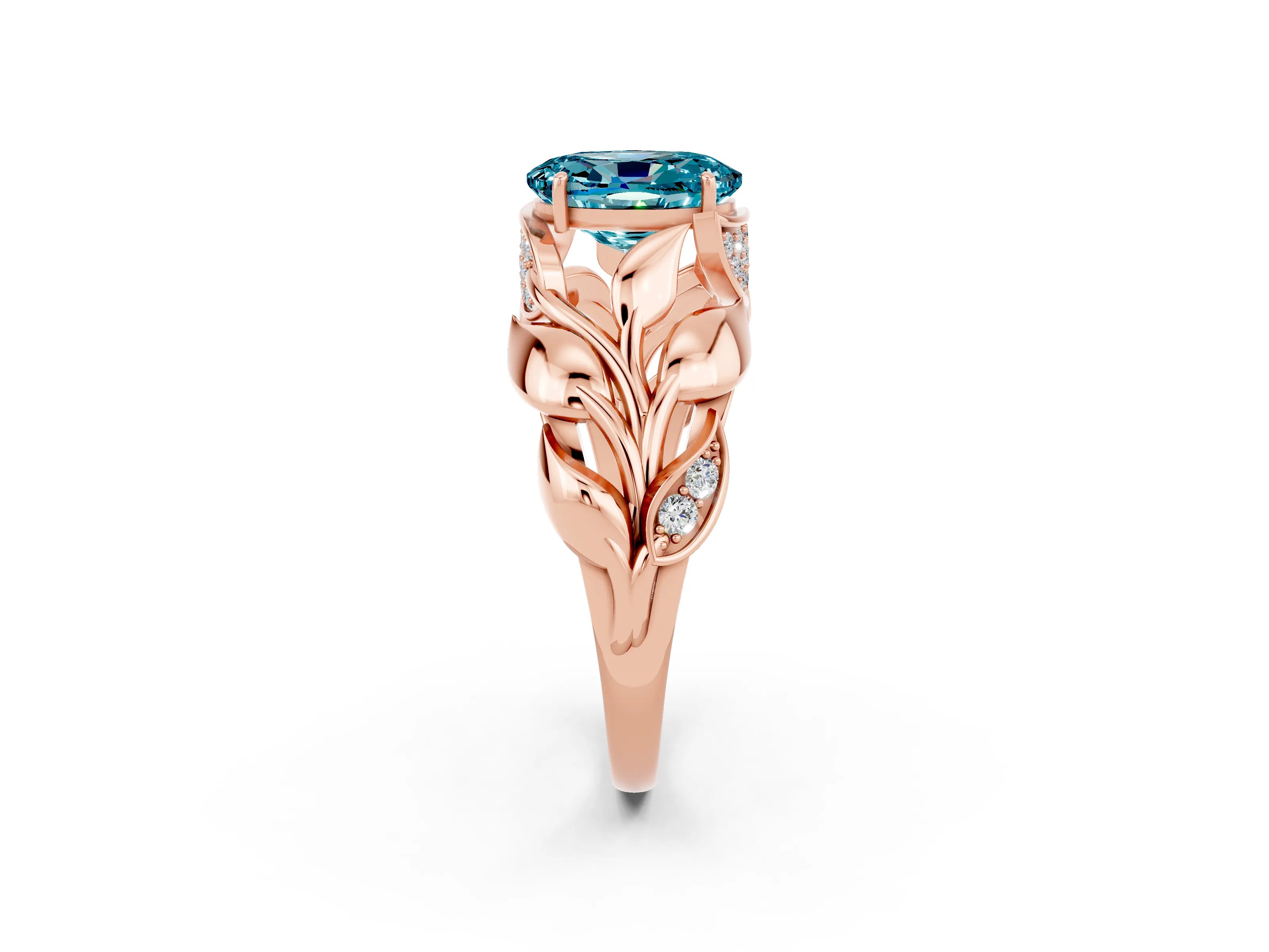 Rose gold Oval Cut Solitaire Leaf-Inspired Engagement Ring with Prong Setting_2