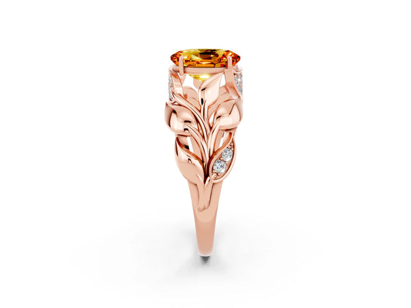 Rose gold Oval Cut Citrine Leaf-Inspired Engagement Ring with Round Accents and Prong Setting