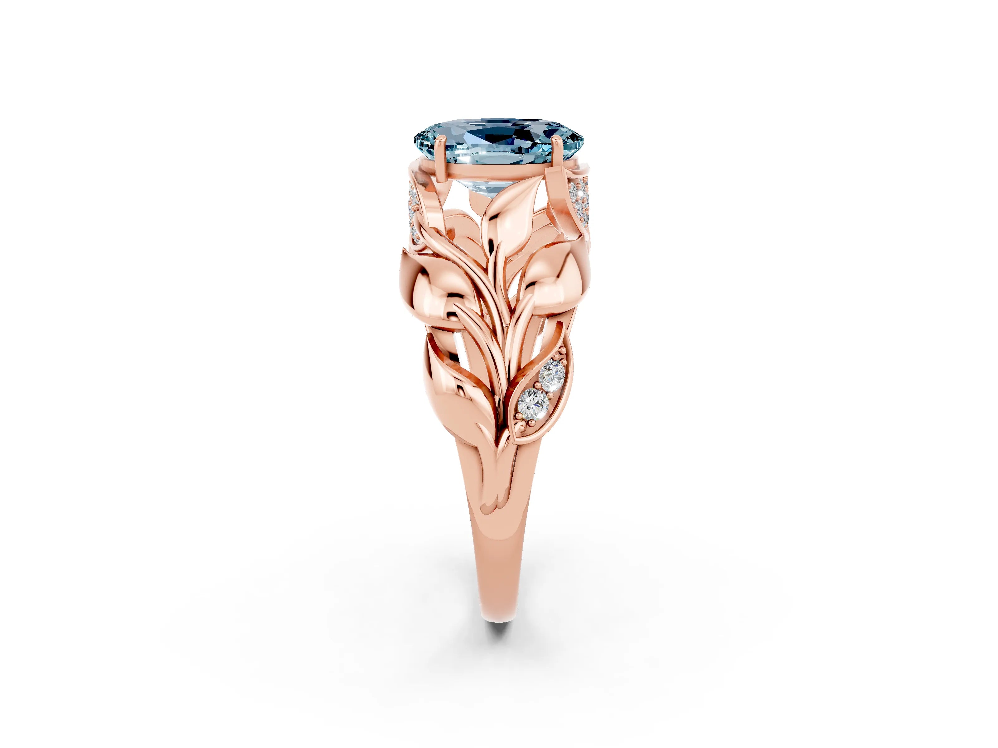 Rose gold Oval Cut Solitaire Leaf-Inspired Engagement Ring with Prong Setting_2