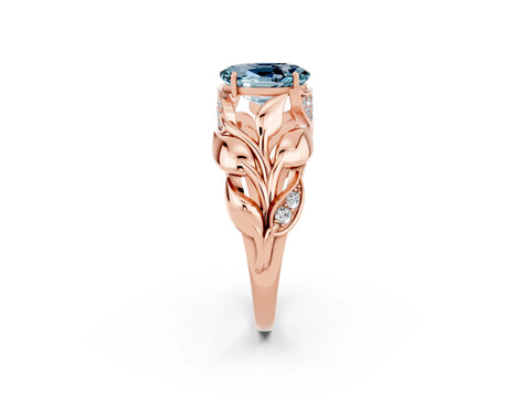 Rose gold Oval Cut Solitaire Leaf-Inspired Engagement Ring with Prong Setting_2