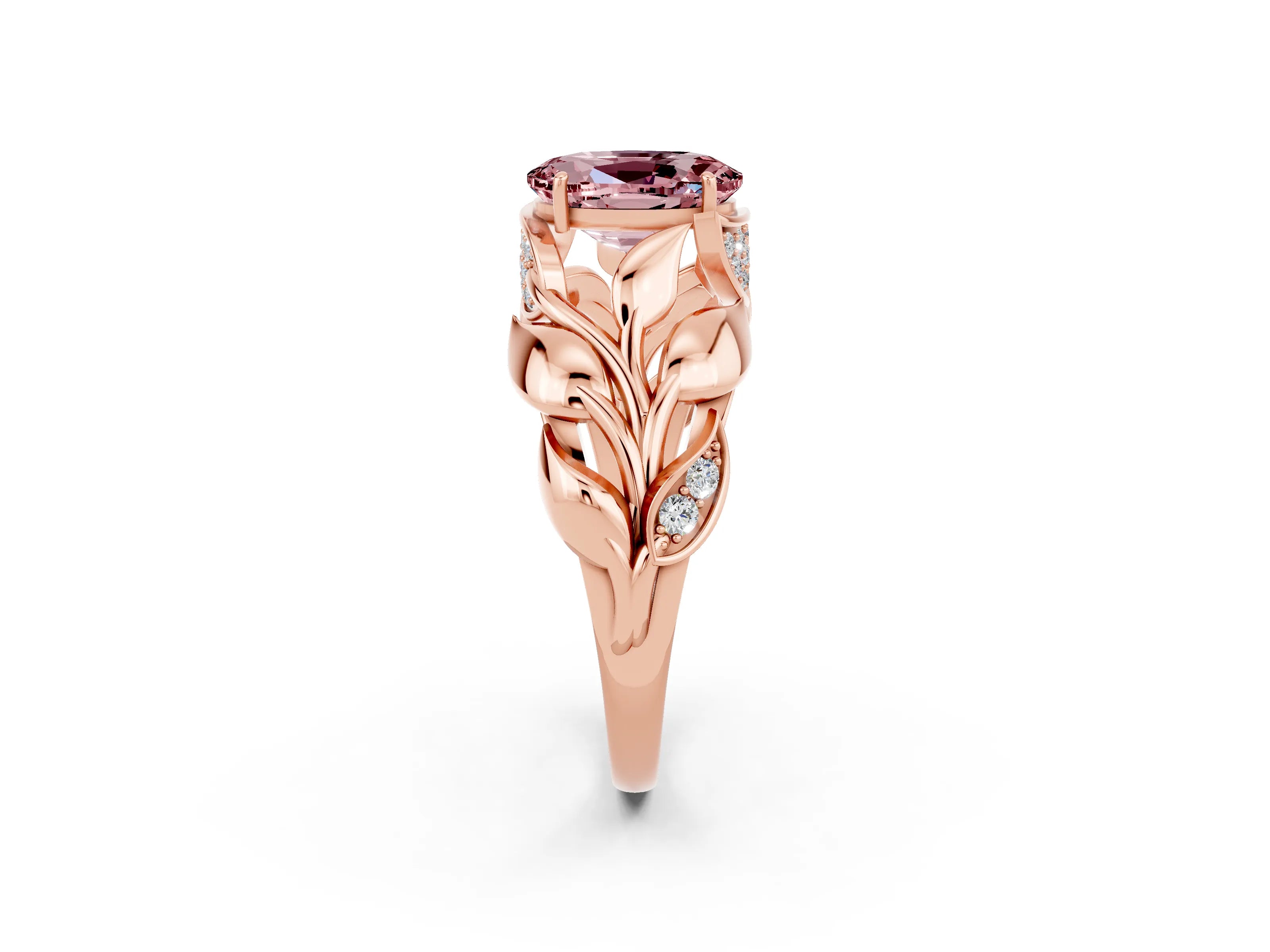 Rose gold Oval Cut Solitaire Leaf-Inspired Engagement Ring with Prong Setting_2