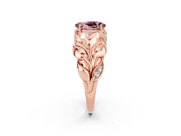 Rose gold Oval Cut Solitaire Leaf-Inspired Engagement Ring with Prong Setting