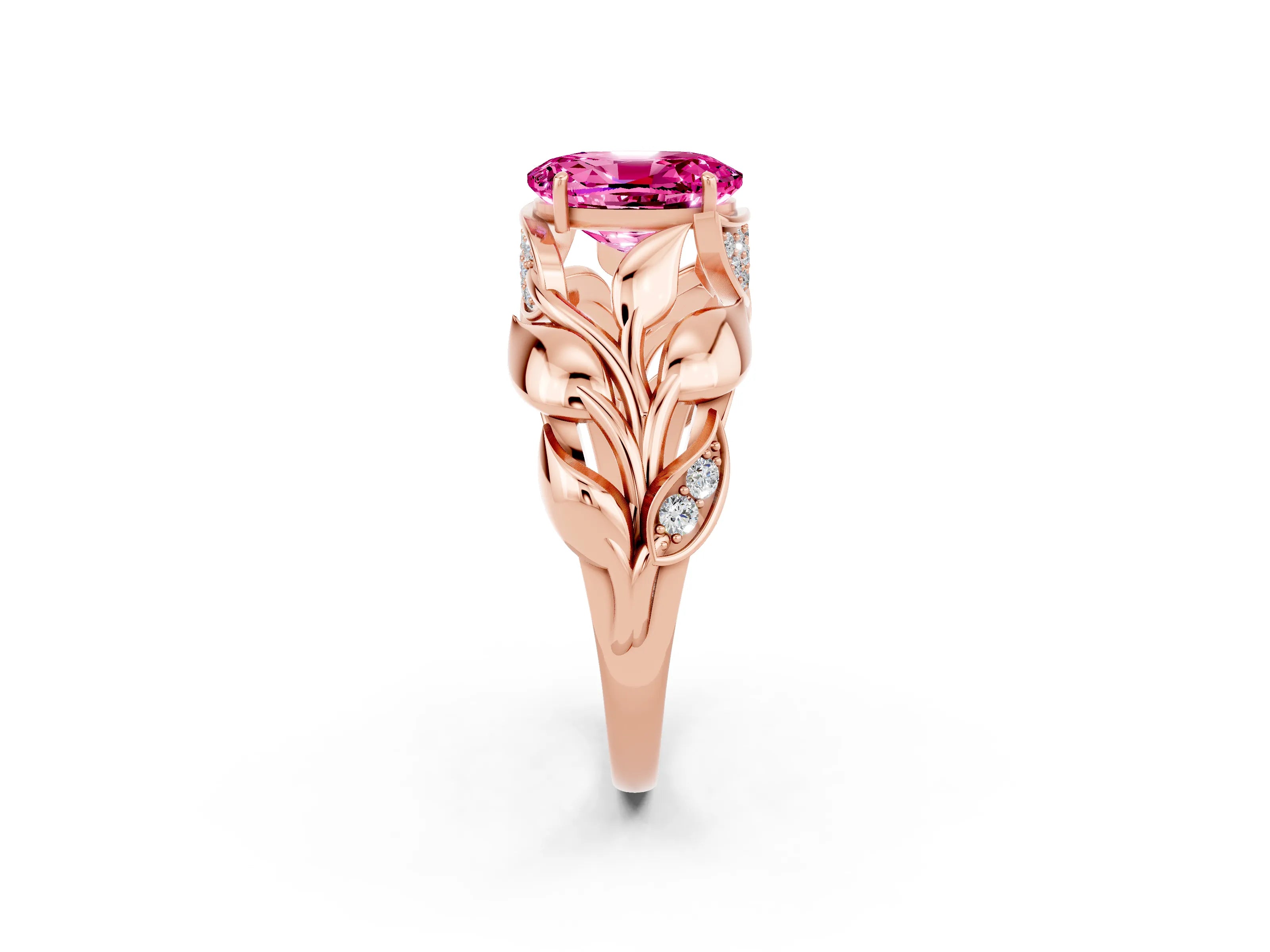 Rose gold Oval Cut Solitaire Leaf-Inspired Engagement Ring with Prong Setting_2