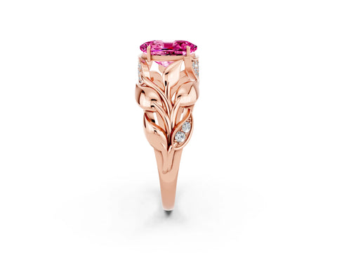 Rose gold Oval Cut Solitaire Leaf-Inspired Engagement Ring with Prong Setting_2