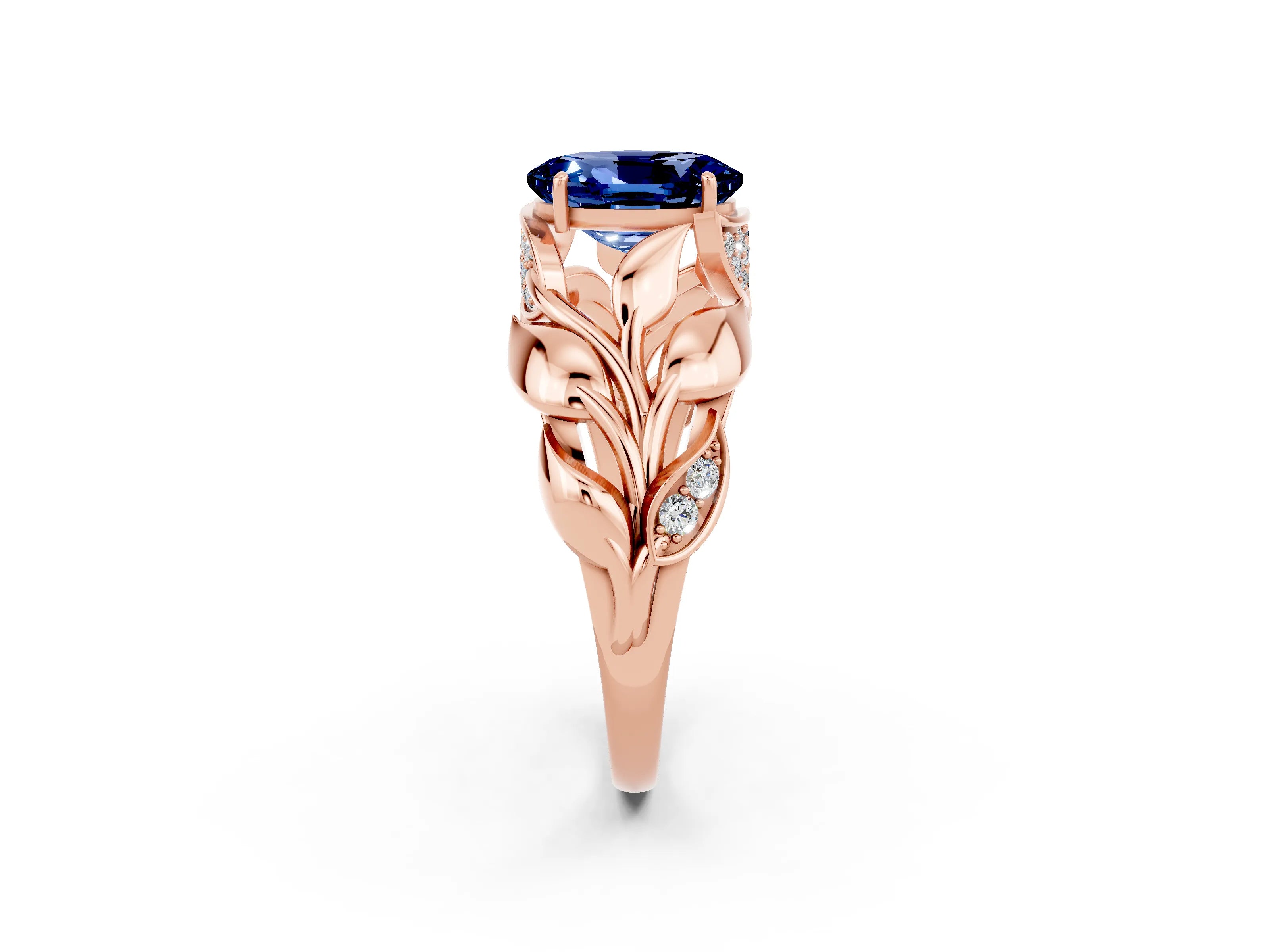 Rose gold Oval Cut Solitaire Leaf-Inspired Engagement Ring with Prong Setting_2