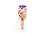 Rose gold Oval Cut Solitaire Leaf-Inspired Engagement Ring with Prong Setting_2