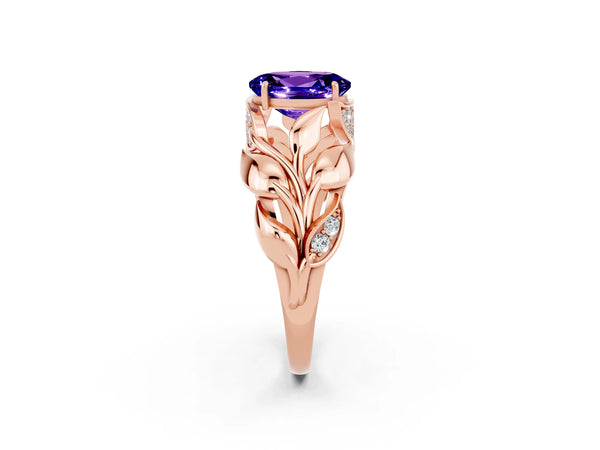 Rose gold Oval Cut Tanzanite Leaf-Inspired Engagement Ring with Round Accents and Prong Setting