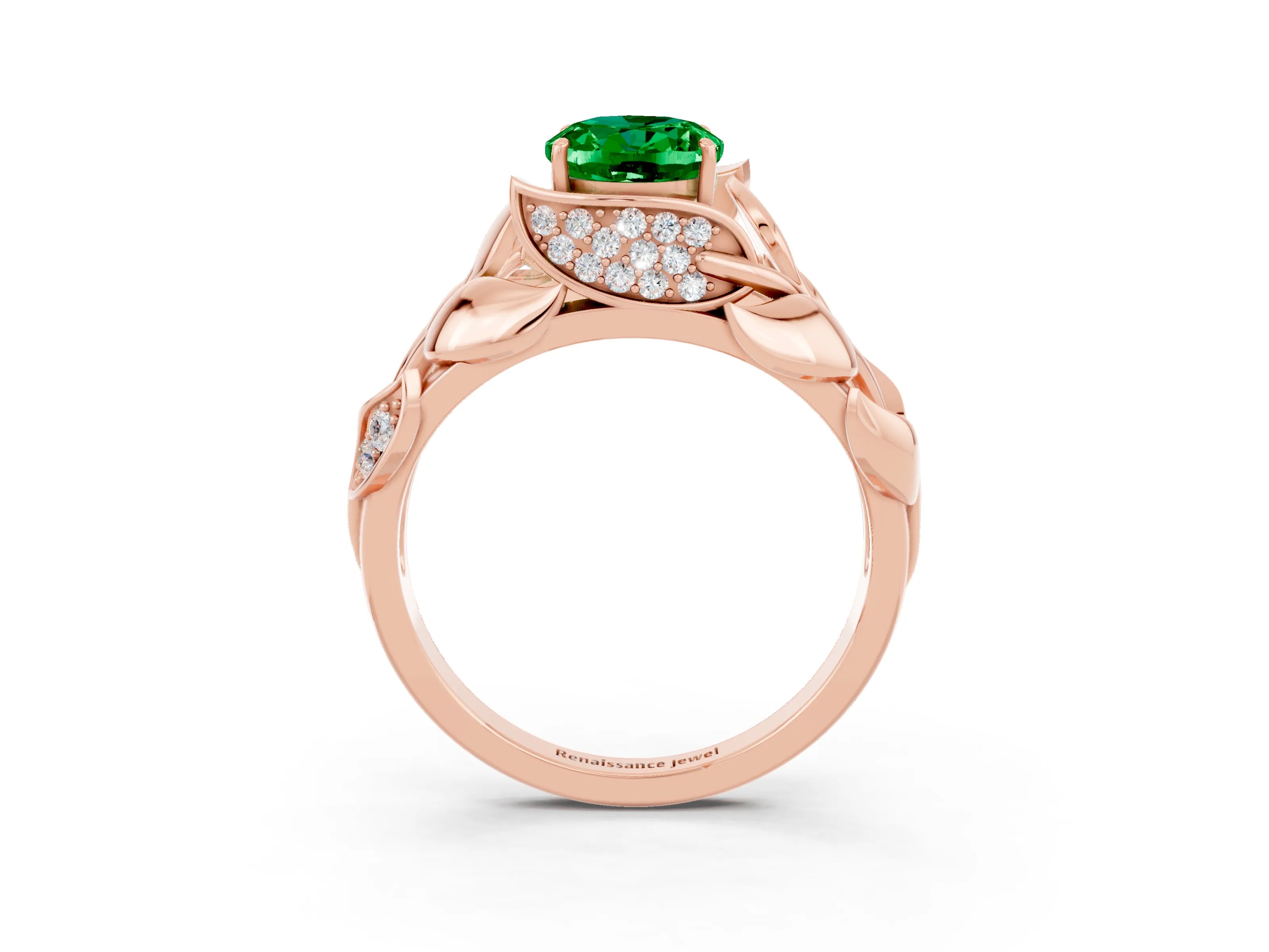 Rose gold Oval Cut Solitaire Leaf-Inspired Engagement Ring with Prong Setting_3