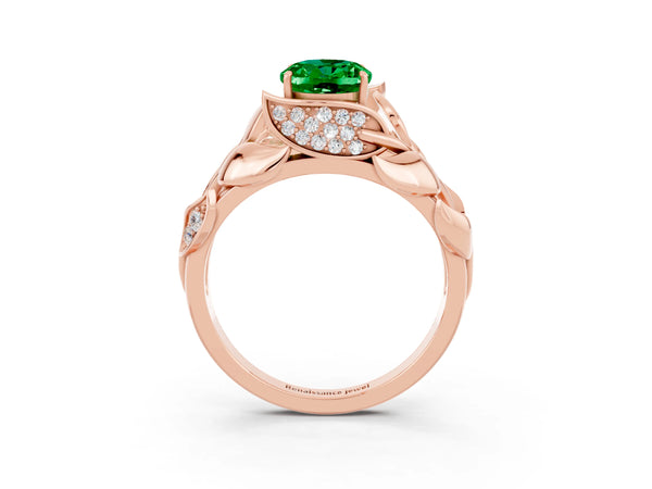Rose gold Oval Cut Emerald Leaf-Inspired Engagement Ring with Round Accents and Prong Setting