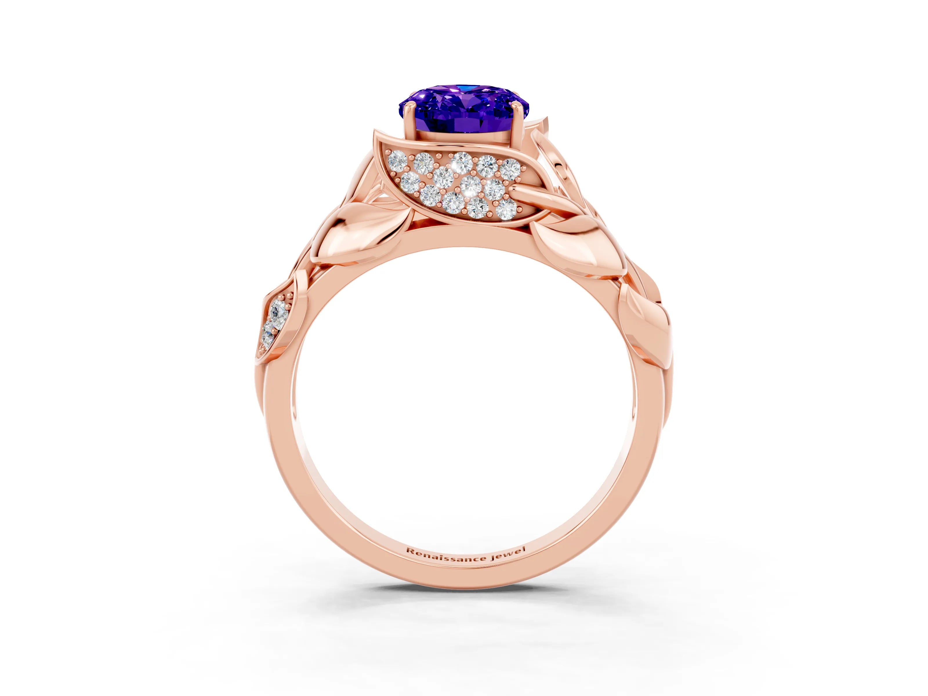 Rose gold Oval Cut Solitaire Leaf-Inspired Engagement Ring with Prong Setting_3