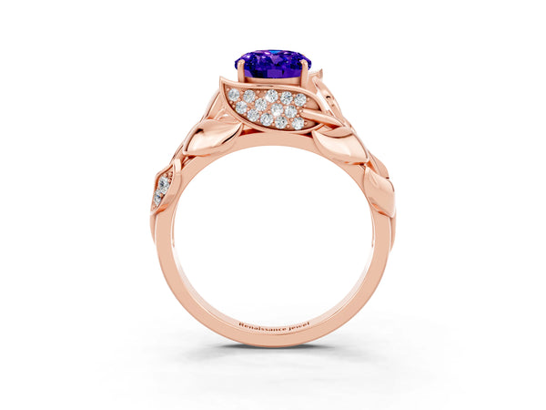 Rose gold Oval Cut Tanzanite Leaf-Inspired Engagement Ring with Round Accents and Prong Setting