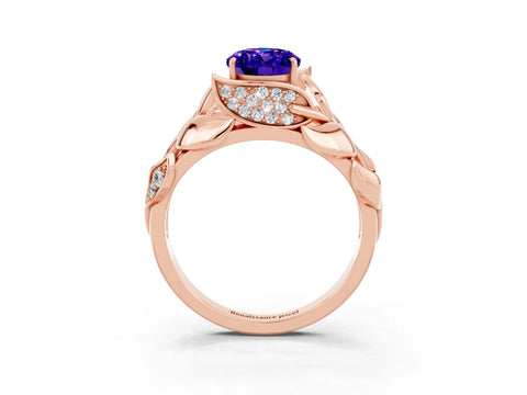 Rose gold Oval Cut Solitaire Leaf-Inspired Engagement Ring with Prong Setting_3