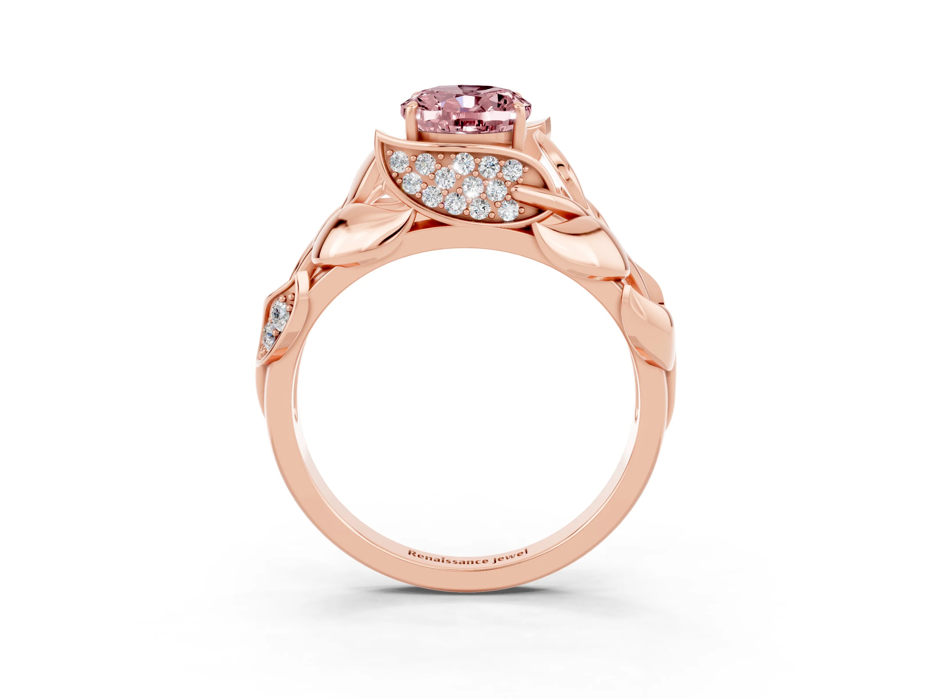 Rose gold Oval Cut Solitaire Leaf-Inspired Engagement Ring with Prong Setting_3