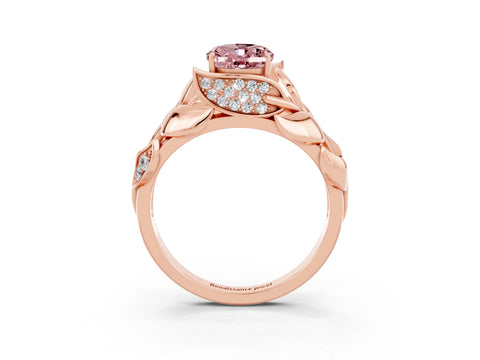 Rose gold Oval Cut Solitaire Leaf-Inspired Engagement Ring with Prong Setting_3