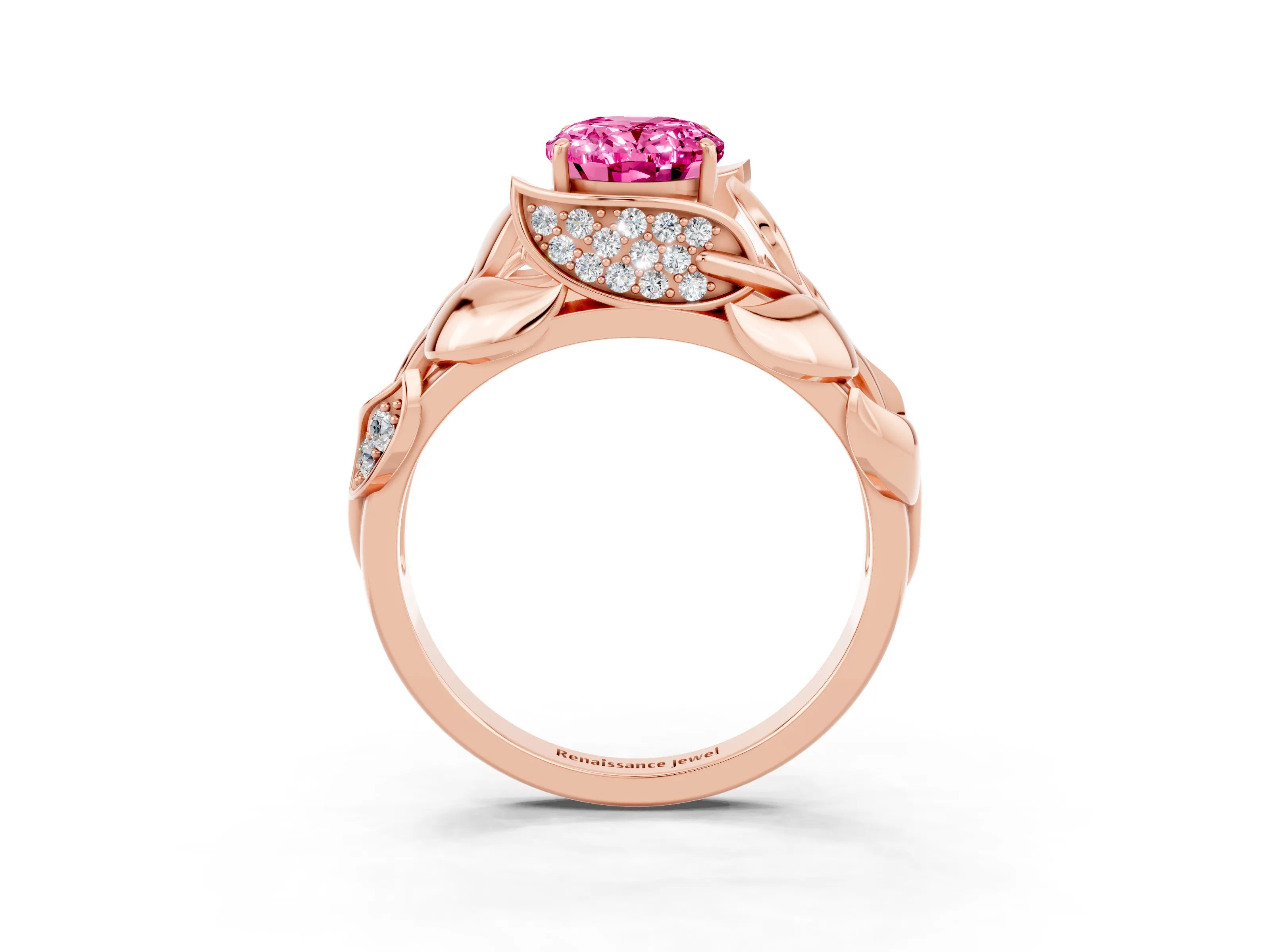 Rose gold Oval Cut Solitaire Leaf-Inspired Engagement Ring with Prong Setting_3