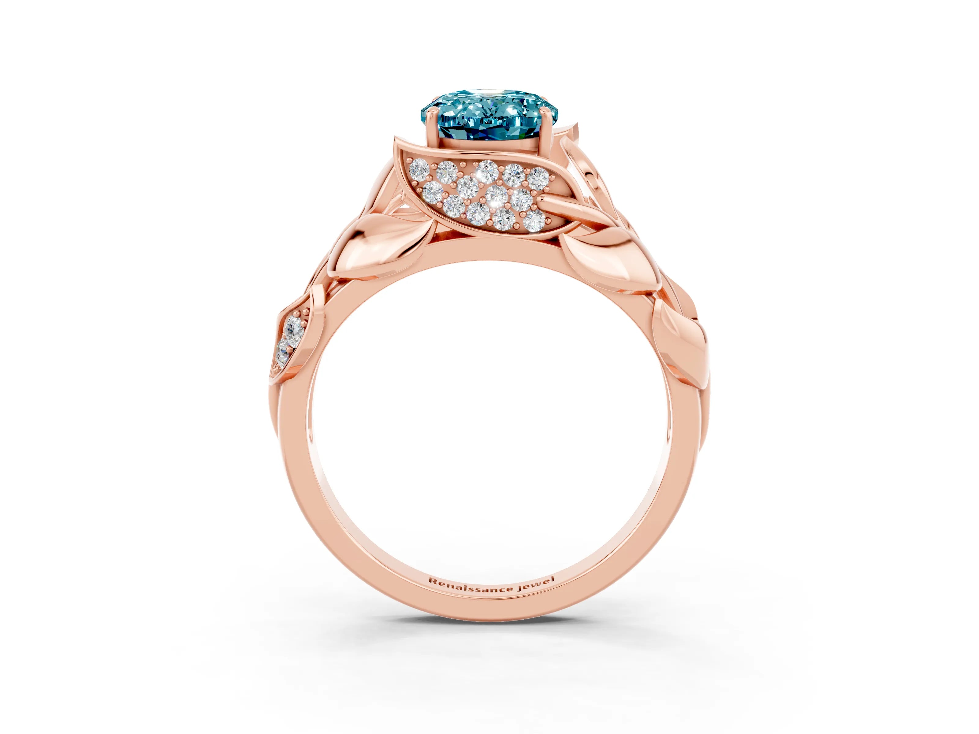 Rose gold Oval Cut Solitaire Leaf-Inspired Engagement Ring with Prong Setting_3