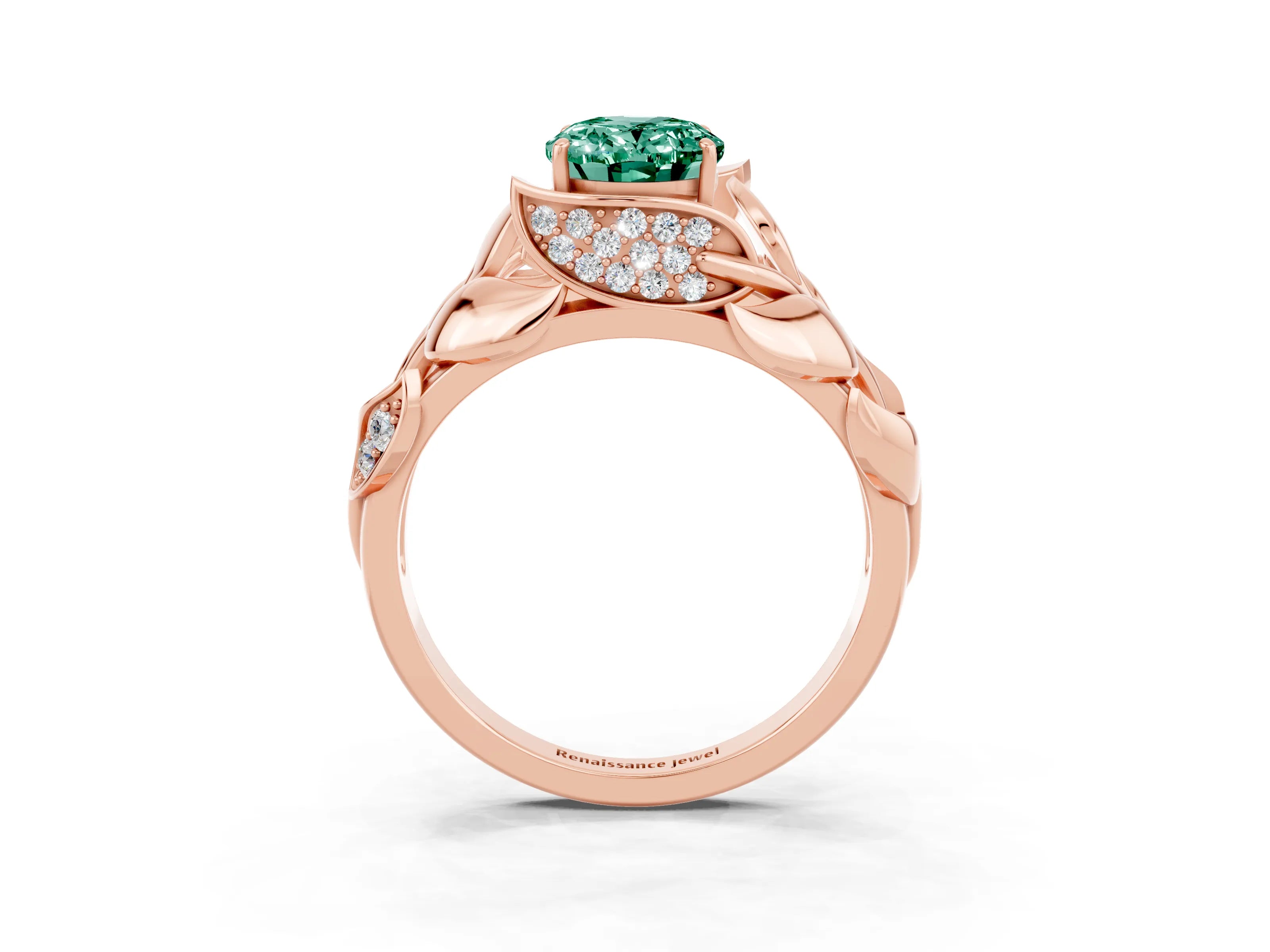 Rose gold Oval Cut Solitaire Leaf-Inspired Engagement Ring with Prong Setting_3