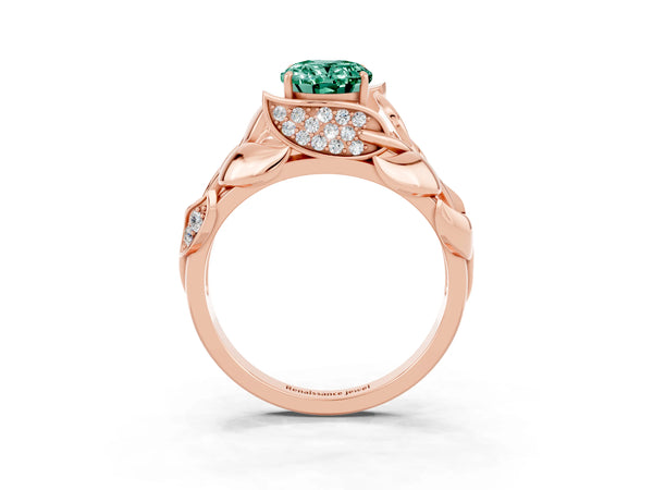 Rose gold Oval Cut Green Sapphire Leaf-Inspired Engagement Ring with Round Accents and Prong Setting
