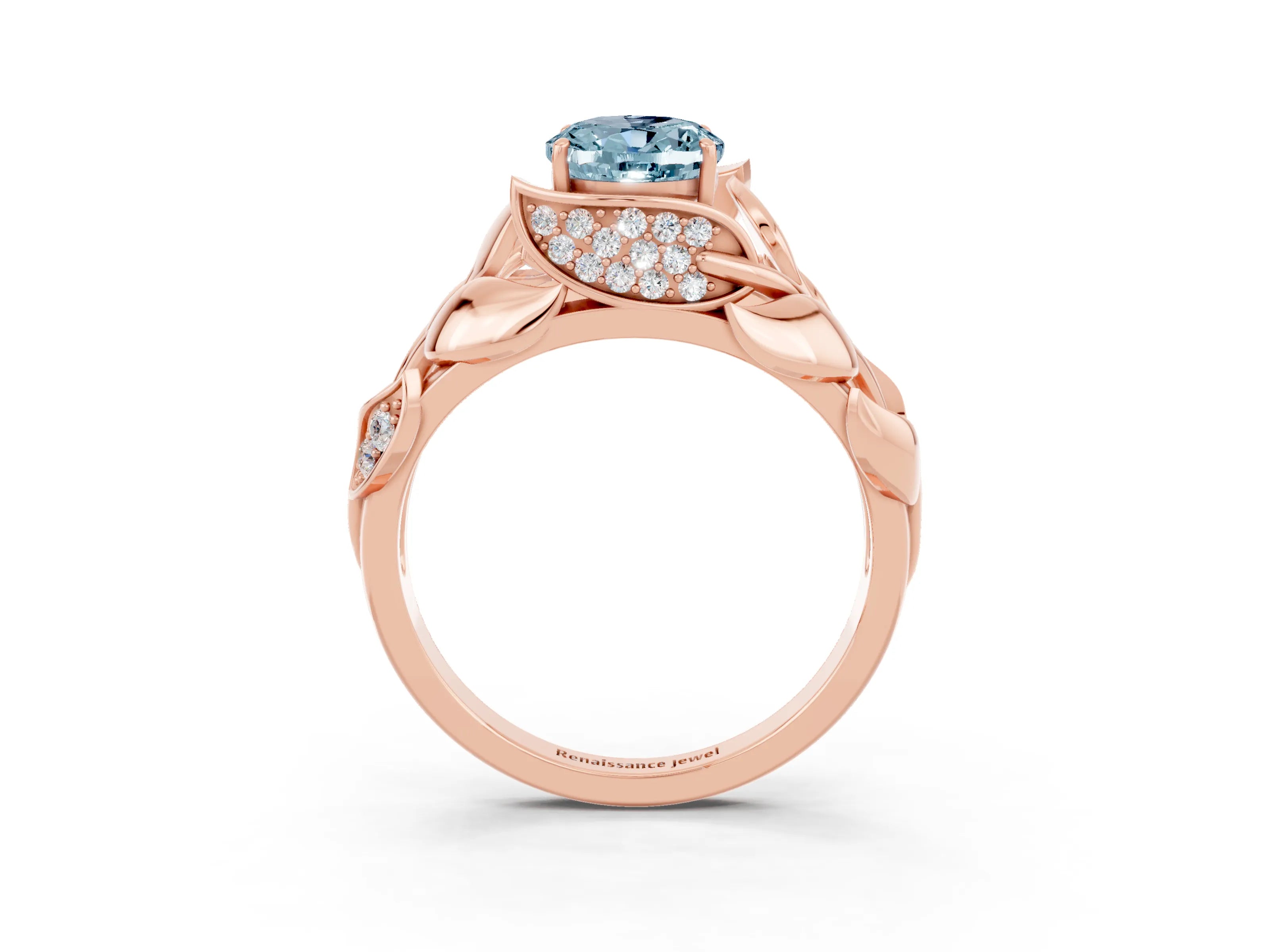 Rose gold Oval Cut Solitaire Leaf-Inspired Engagement Ring with Prong Setting_3
