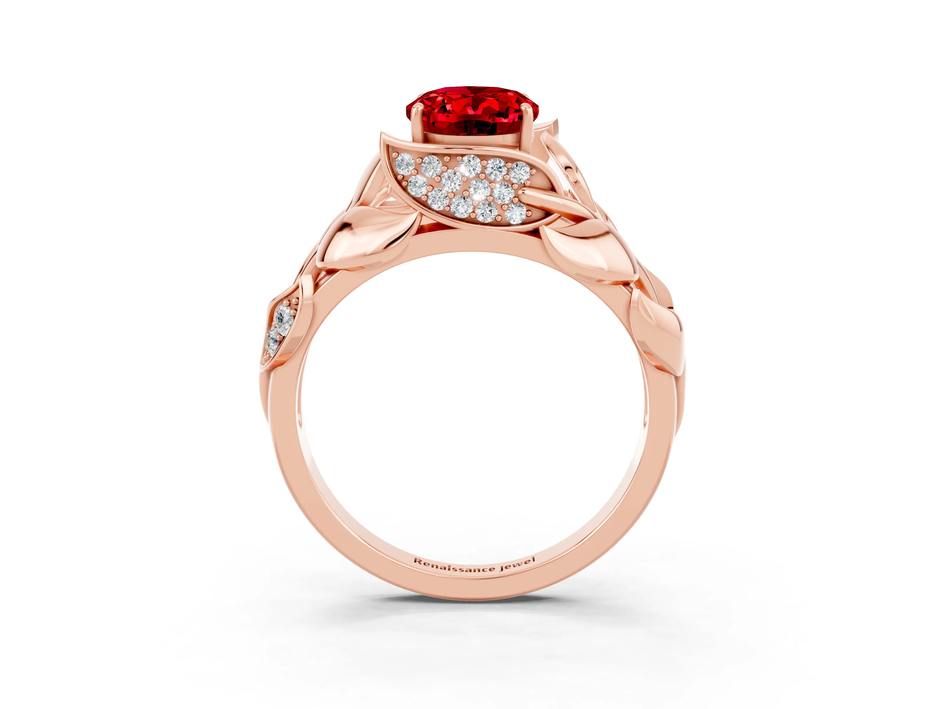 Rose gold Oval Cut Solitaire Leaf-Inspired Engagement Ring with Prong Setting_3