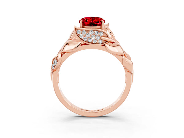 Rose gold Oval Cut Ruby Leaf-Inspired Engagement Ring with Round Accents and Prong Setting