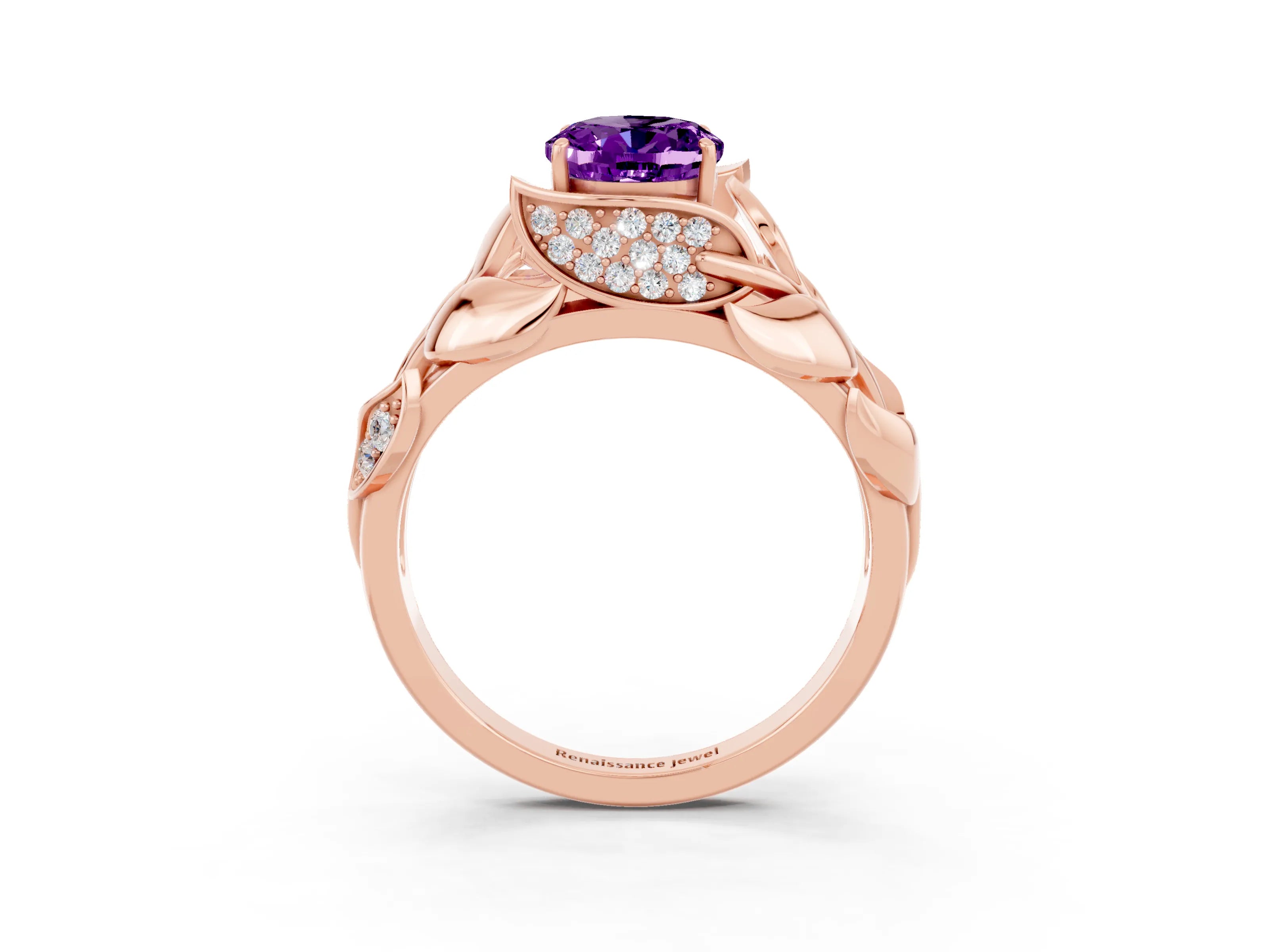 Rose gold Oval Cut Solitaire Leaf-Inspired Engagement Ring with Prong Setting_3
