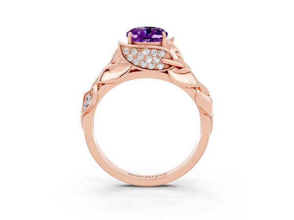 Rose gold Oval Cut Amethyst Leaf-Inspired Engagement Ring with Round Accents and Prong Setting