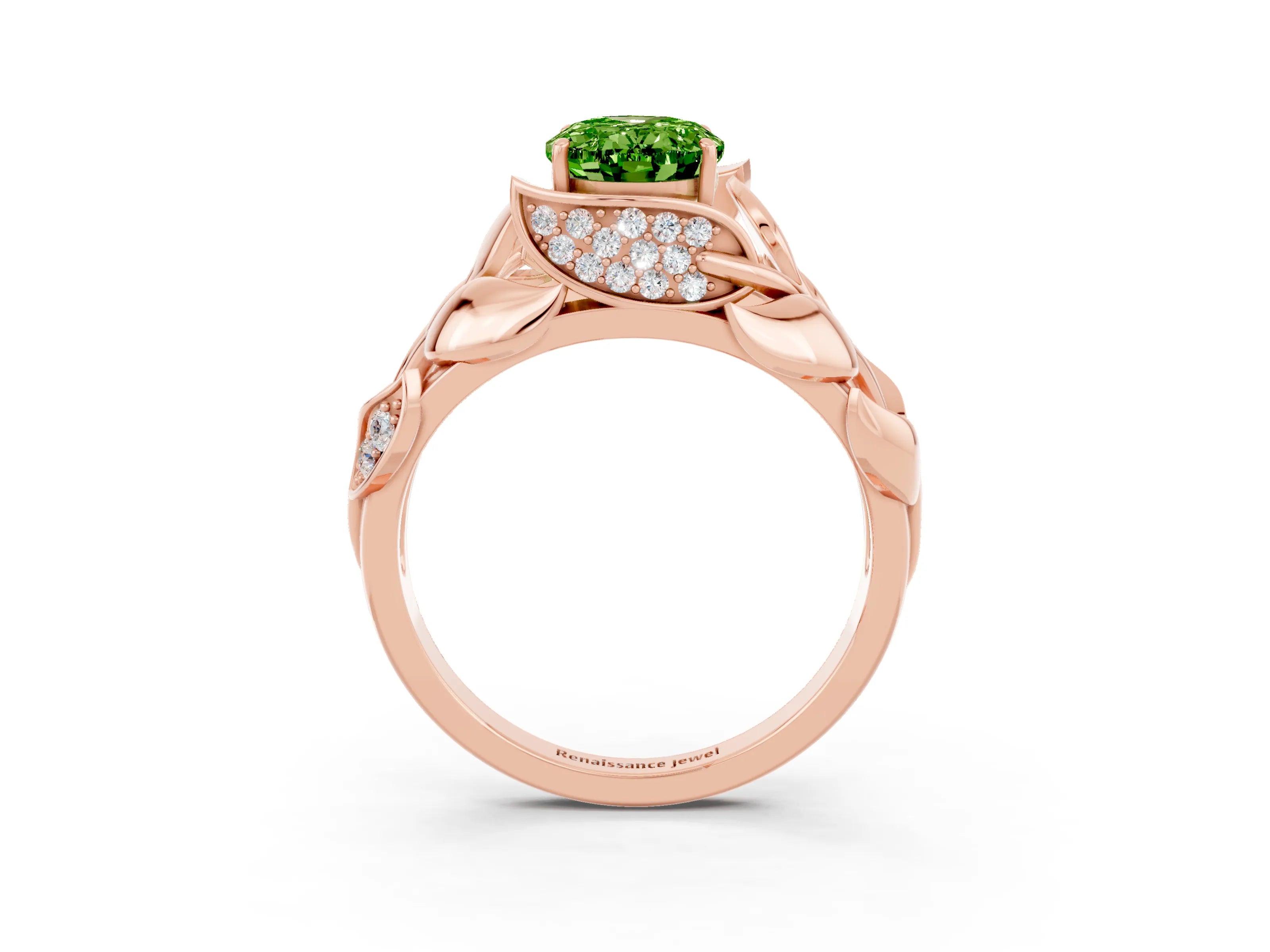 Rose gold Oval Cut Solitaire Leaf-Inspired Engagement Ring with Prong Setting_3