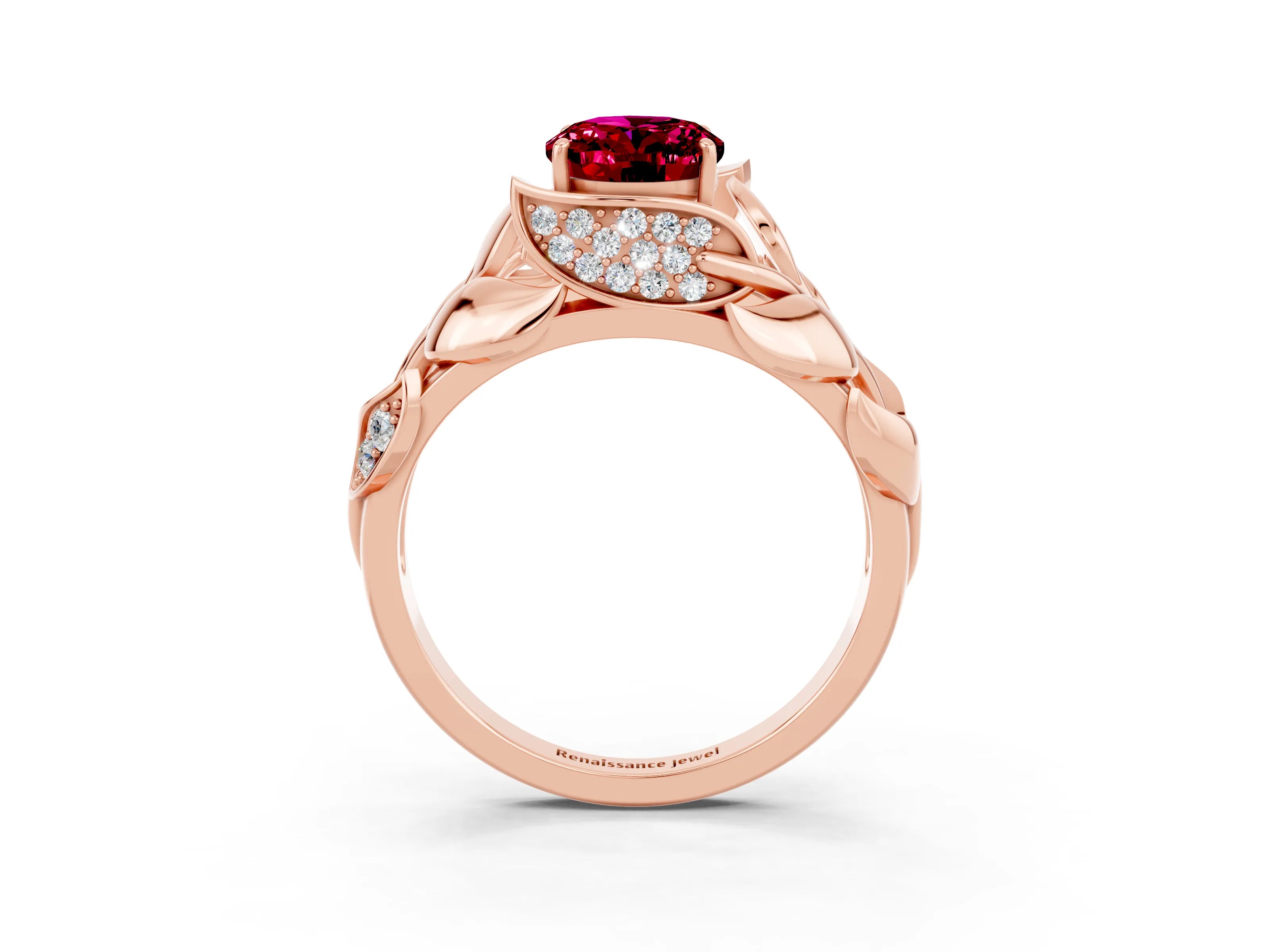 Rose gold Oval Cut Solitaire Leaf-Inspired Engagement Ring with Prong Setting_3