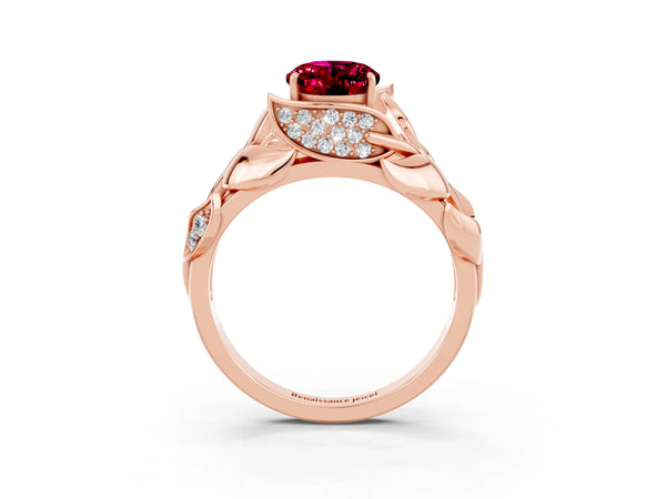 Rose gold Oval Cut Garnet Leaf-Inspired Engagement Ring with Round Accents and Prong Setting