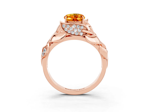 Rose gold Oval Cut Citrine Leaf-Inspired Engagement Ring with Round Accents and Prong Setting