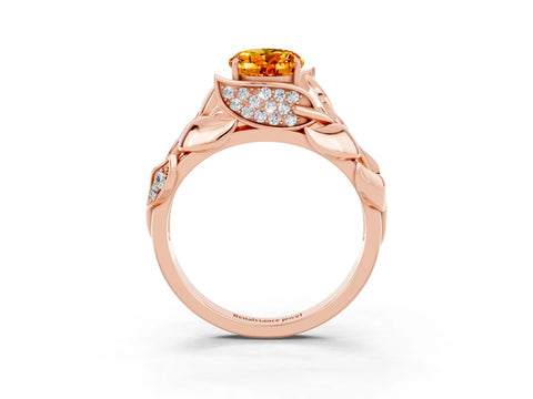 Rose gold Oval Cut Solitaire Leaf-Inspired Engagement Ring with Prong Setting_3