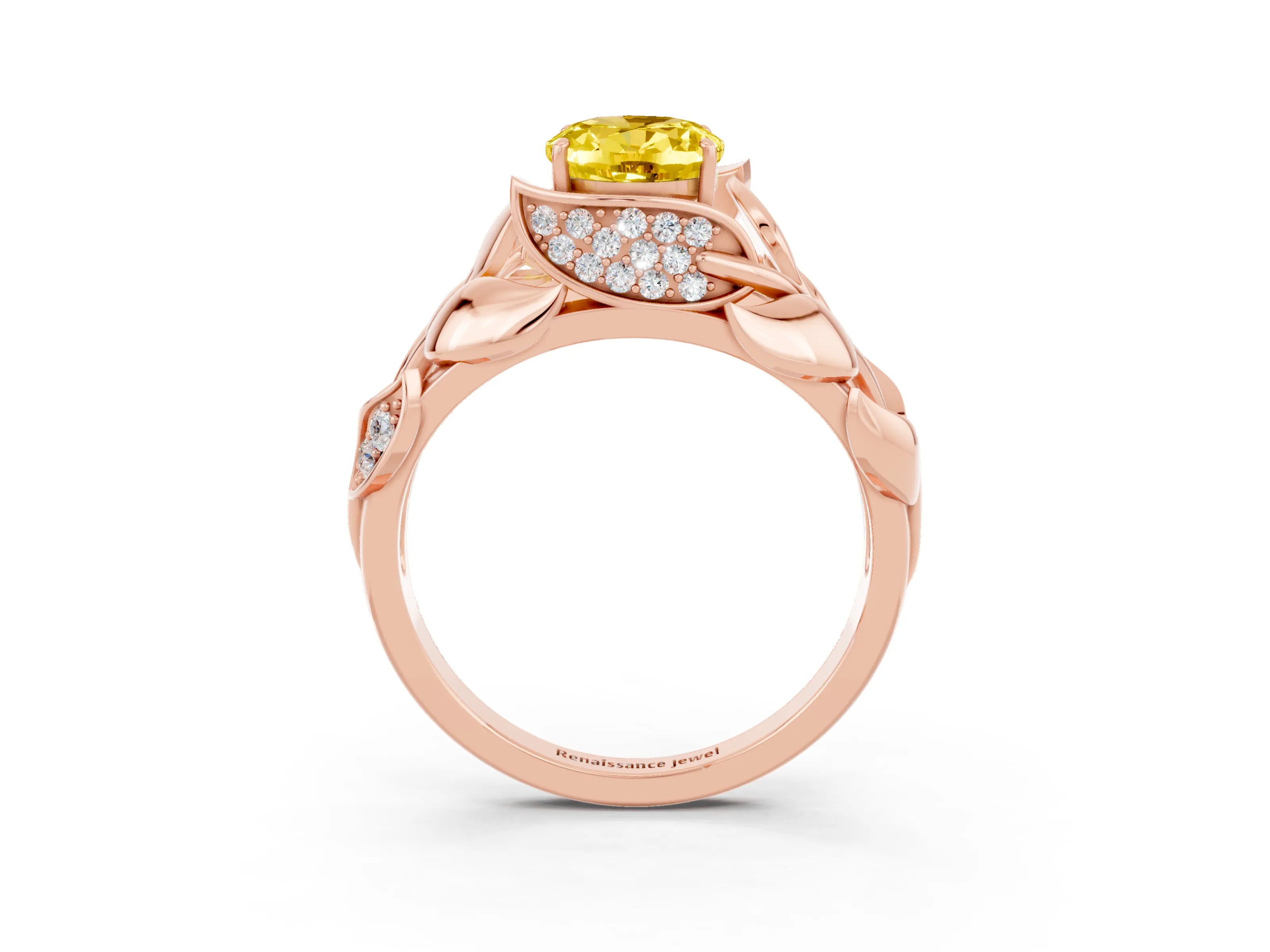 Rose gold Oval Cut Solitaire Leaf-Inspired Engagement Ring with Prong Setting_3