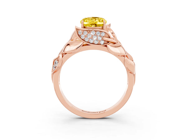 Rose gold Oval Cut Yellow Sapphire Leaf-Inspired Engagement Ring with Round Accents and Prong Setting