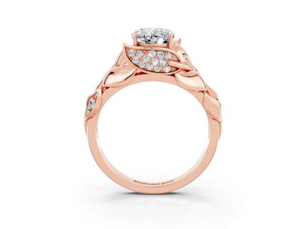Rose gold Oval Cut Moissanite Leaf-Inspired Engagement Ring with Round Accents and Prong Setting