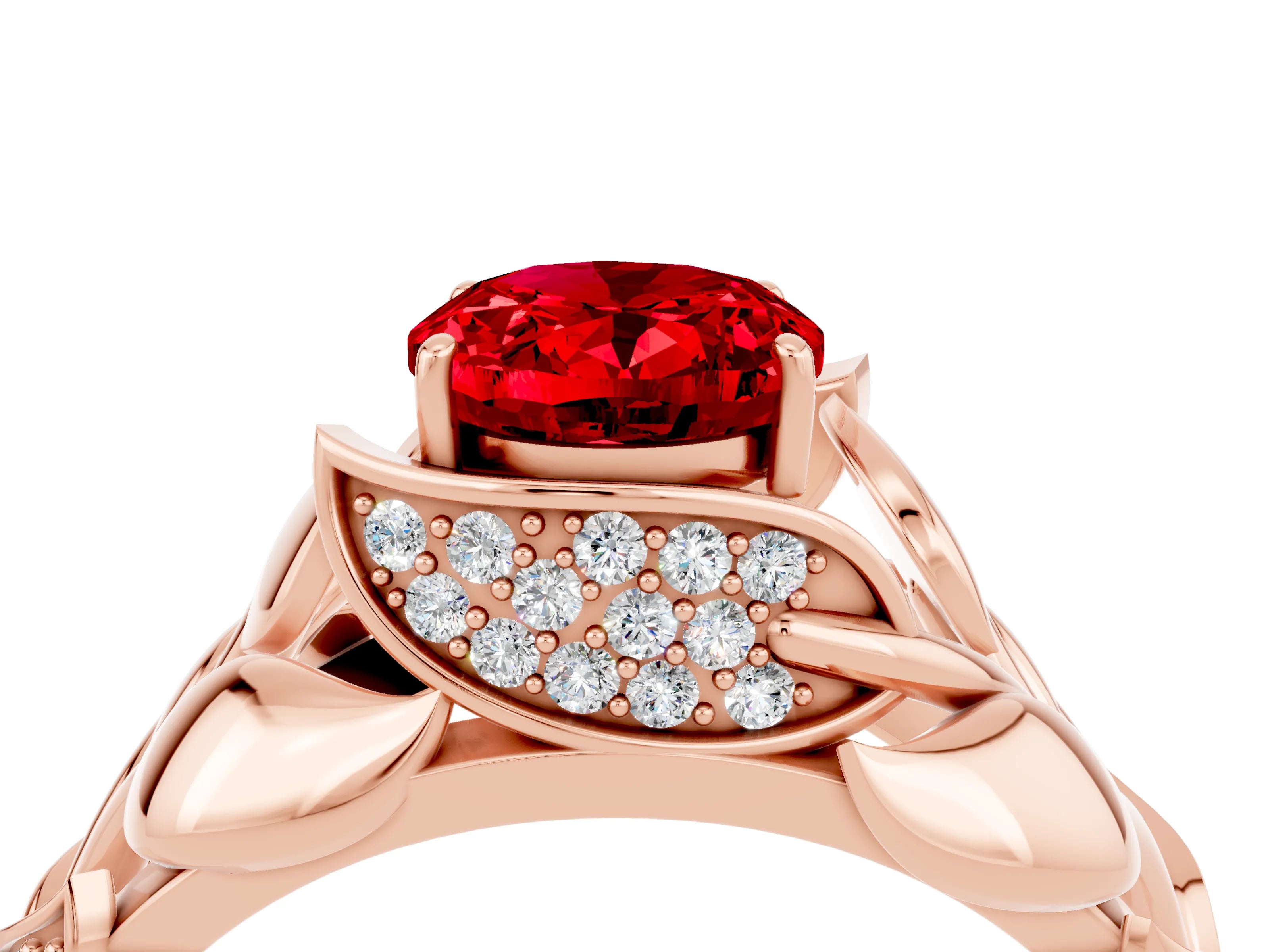 Rose gold Oval Cut Solitaire Leaf-Inspired Engagement Ring with Prong Setting_4