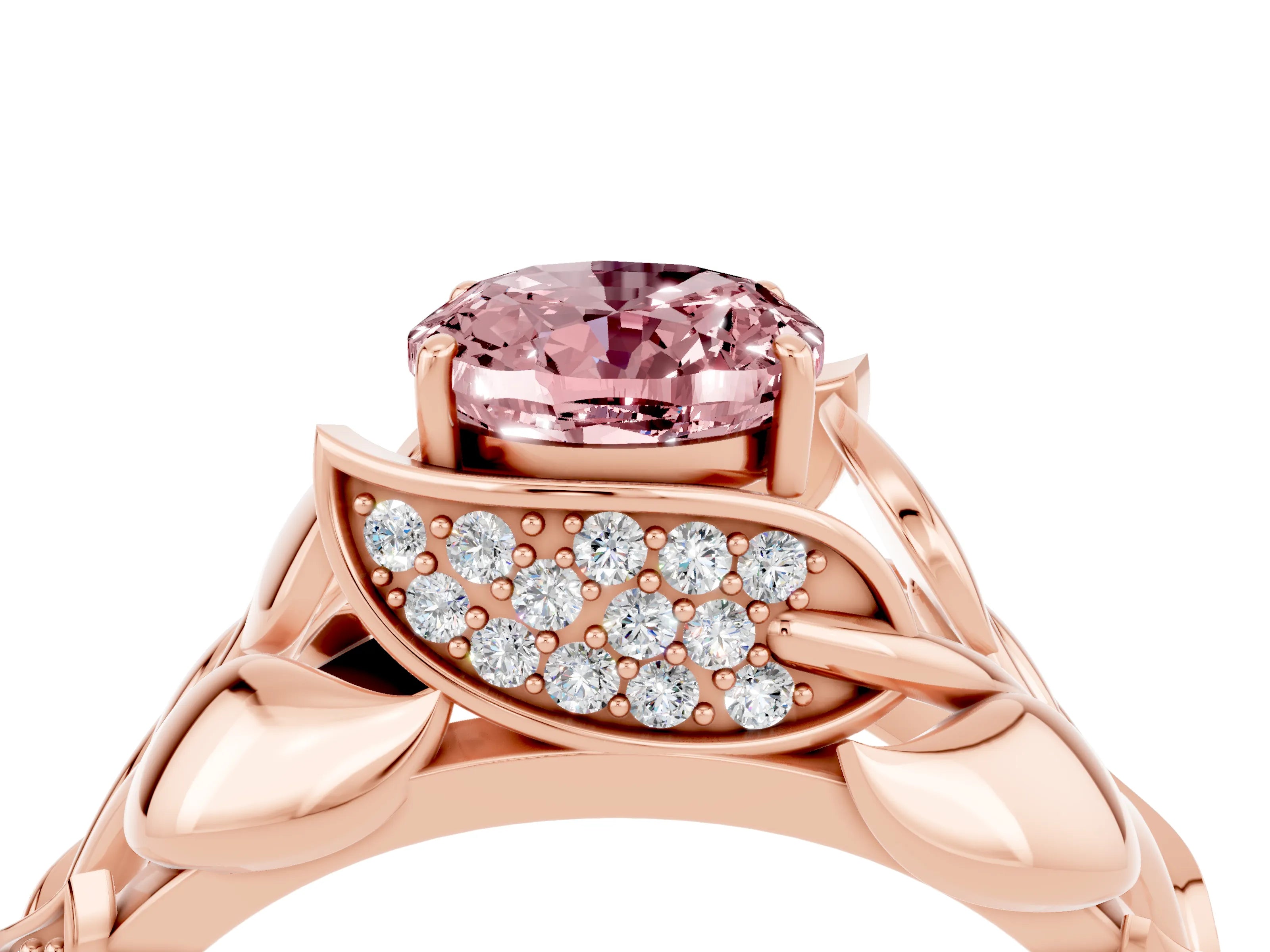 Rose gold Oval Cut Solitaire Leaf-Inspired Engagement Ring with Prong Setting_4