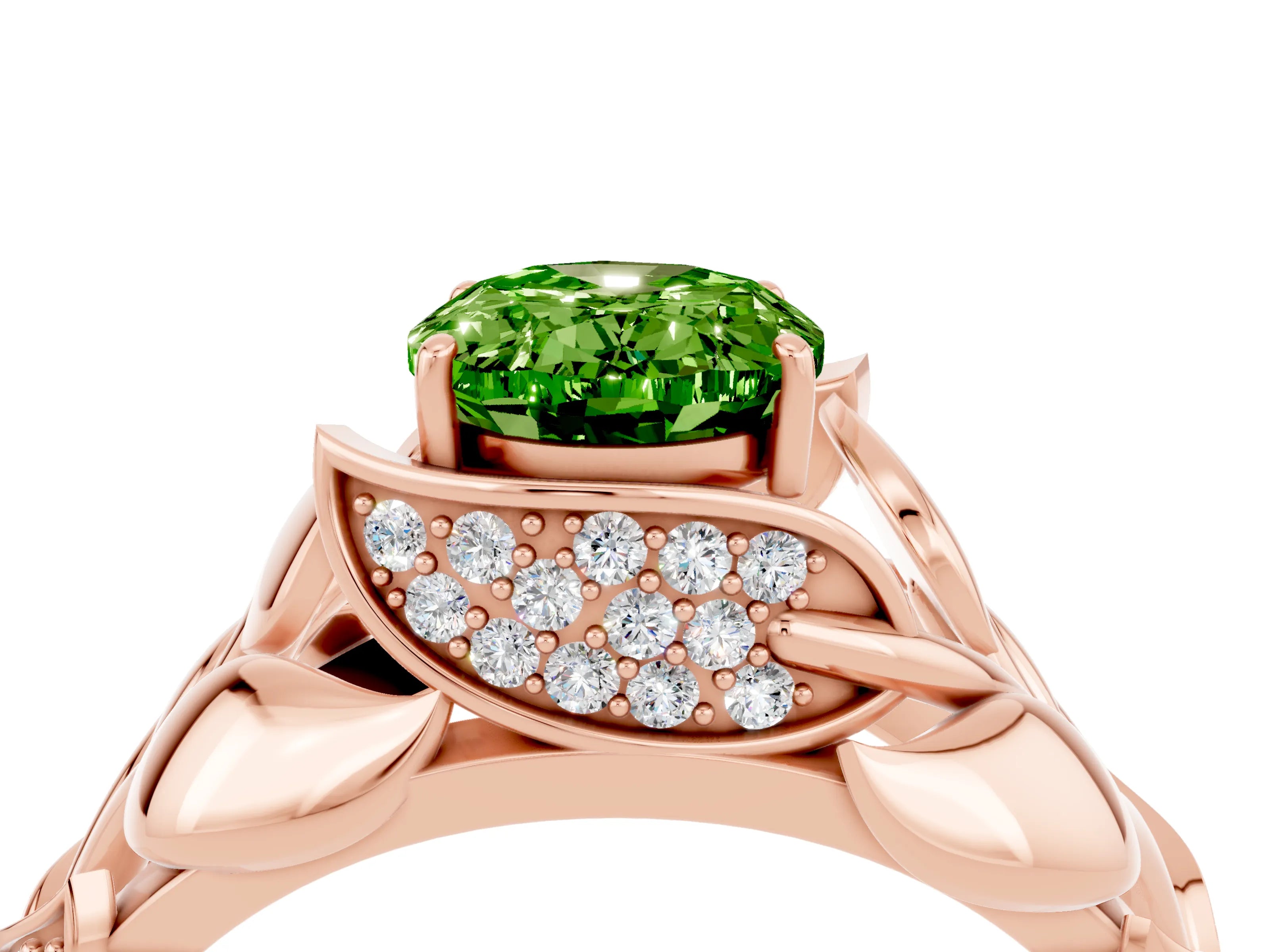 Rose gold Oval Cut Solitaire Leaf-Inspired Engagement Ring with Prong Setting_4