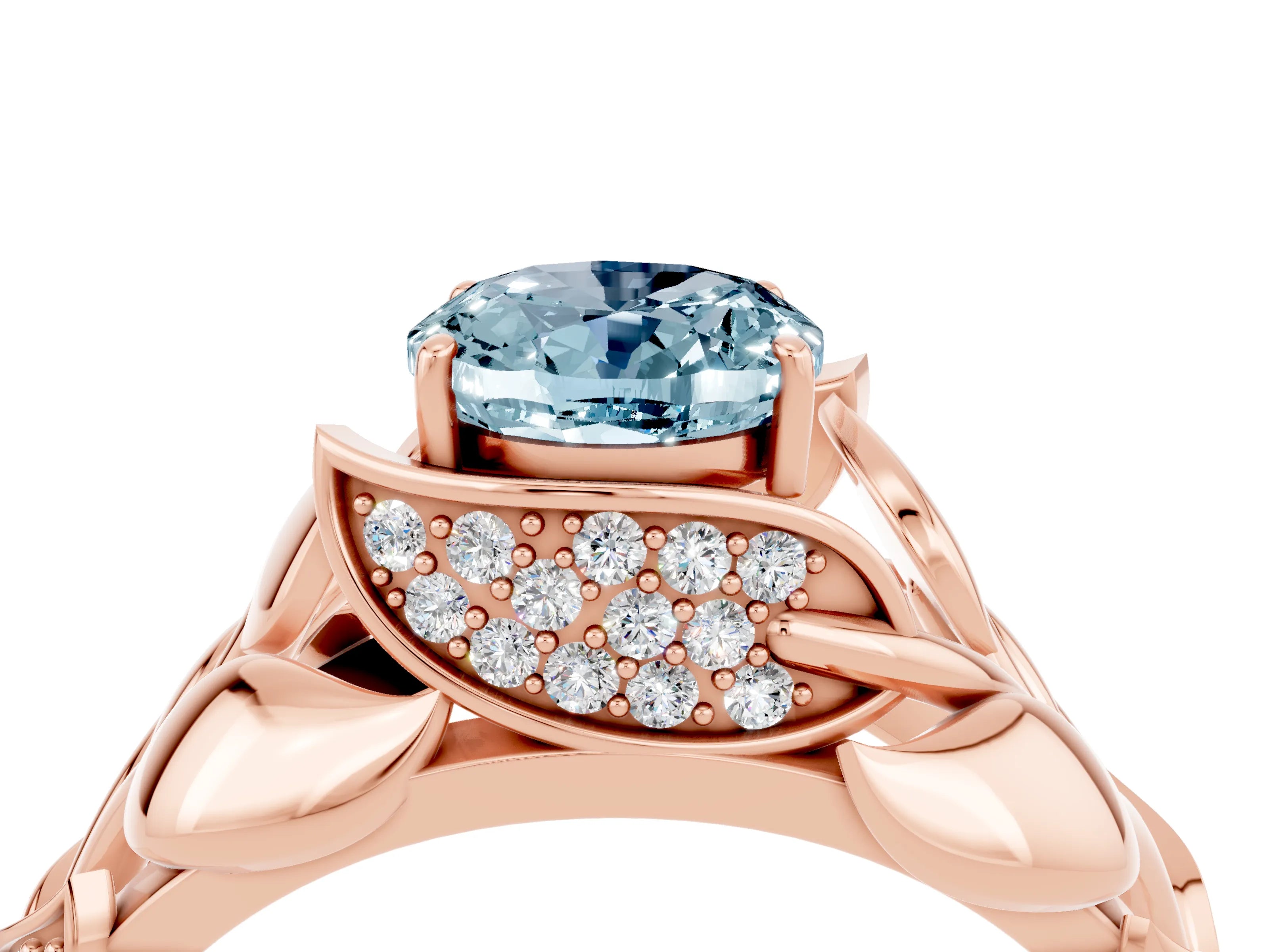 Rose gold Oval Cut Solitaire Leaf-Inspired Engagement Ring with Prong Setting_4