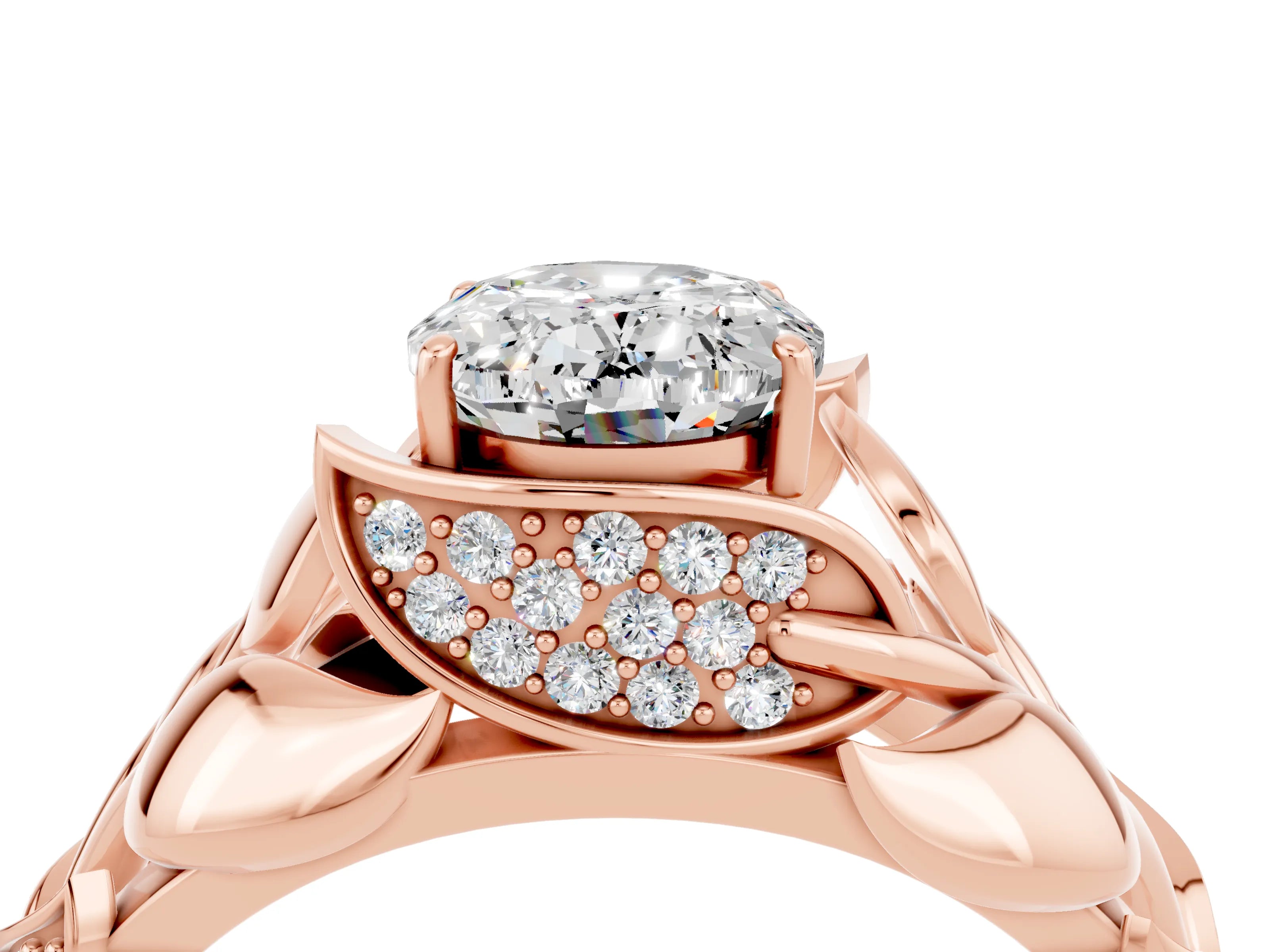 Rose gold Oval Cut Solitaire Leaf-Inspired Engagement Ring with Prong Setting_4