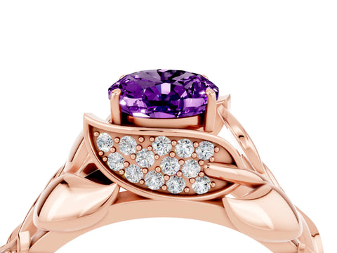 Rose gold Oval Cut Solitaire Leaf-Inspired Engagement Ring with Prong Setting_4