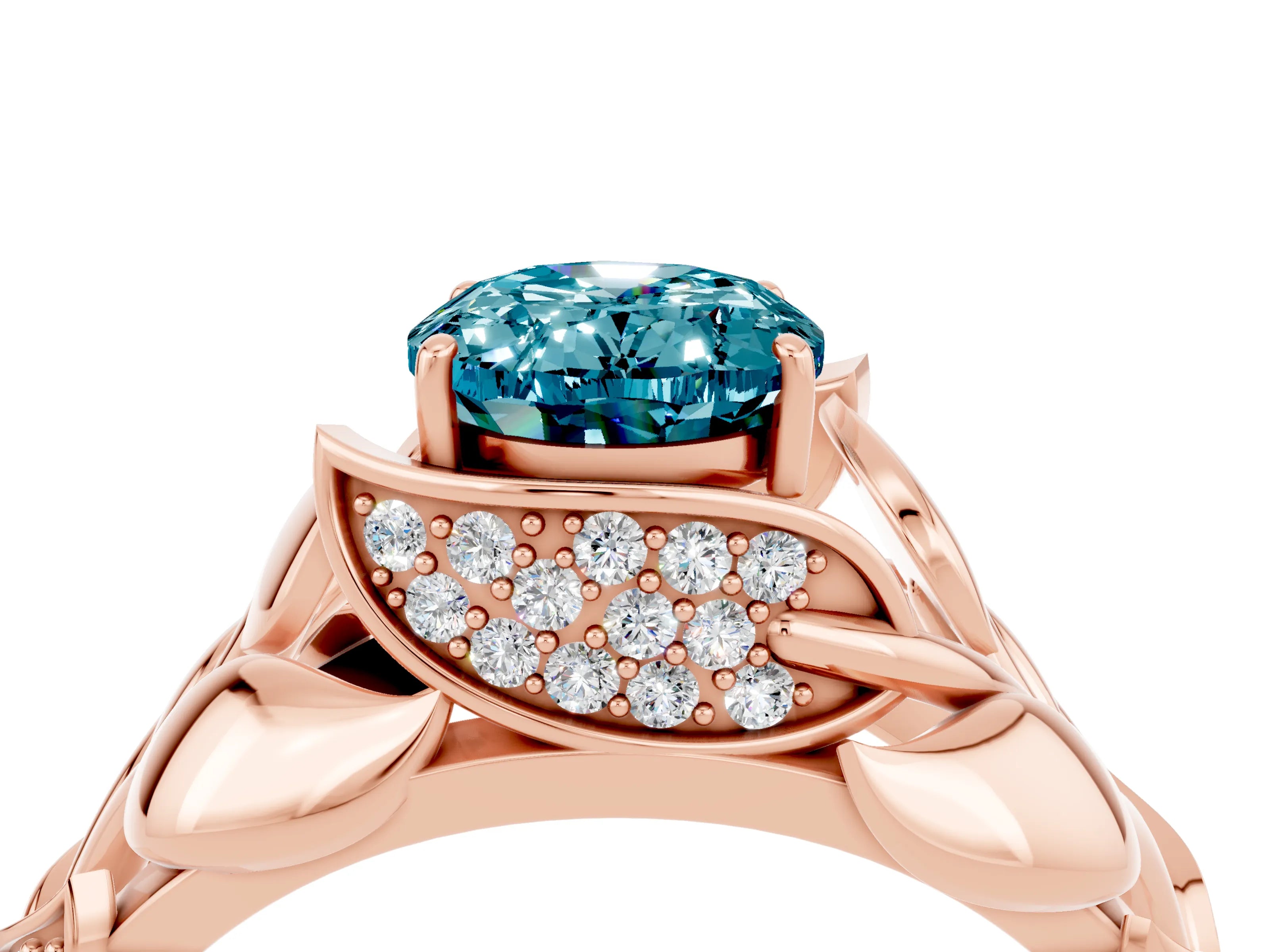Rose gold Oval Cut Solitaire Leaf-Inspired Engagement Ring with Prong Setting_4