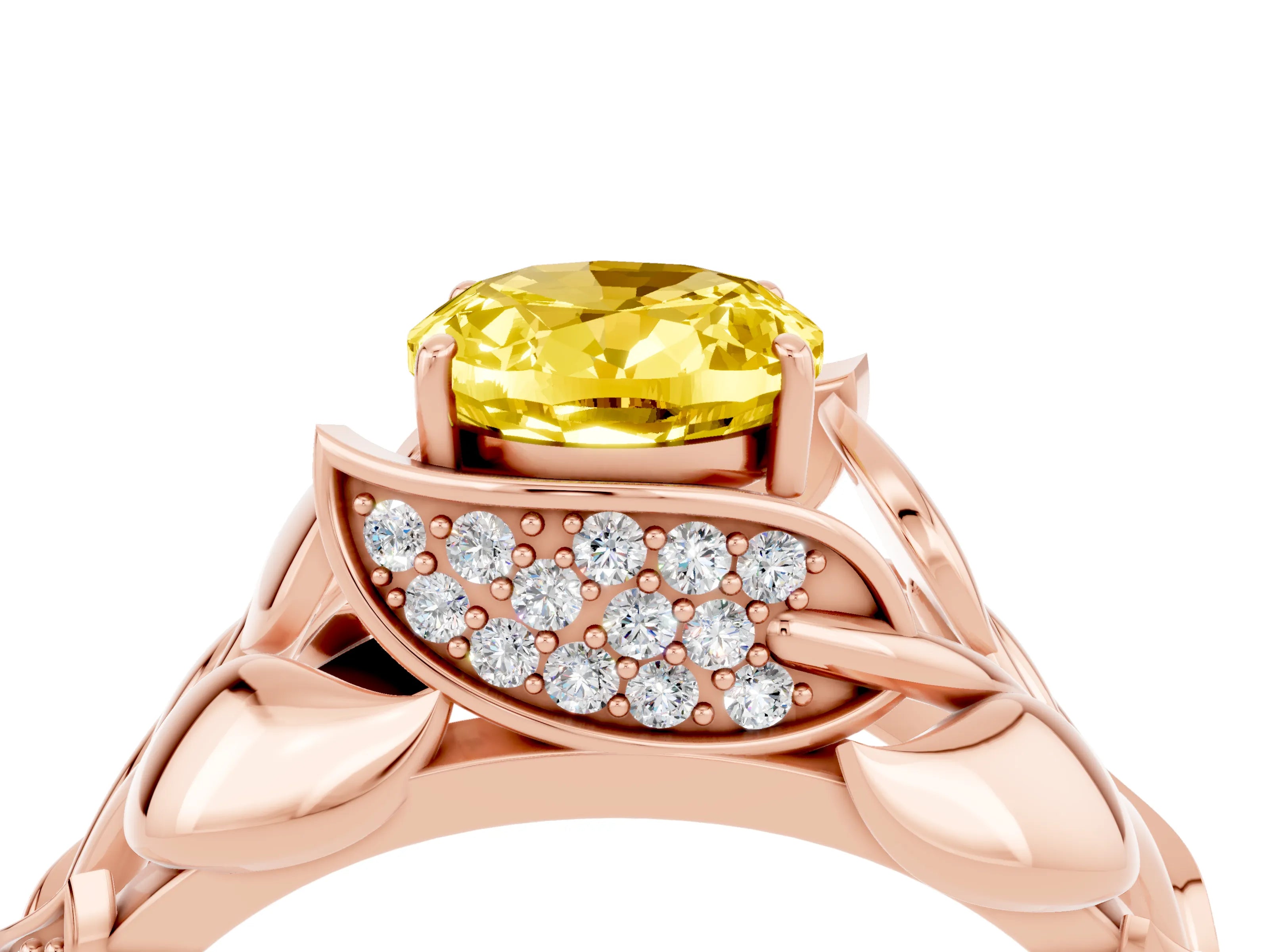 Rose gold Oval Cut Solitaire Leaf-Inspired Engagement Ring with Prong Setting_4