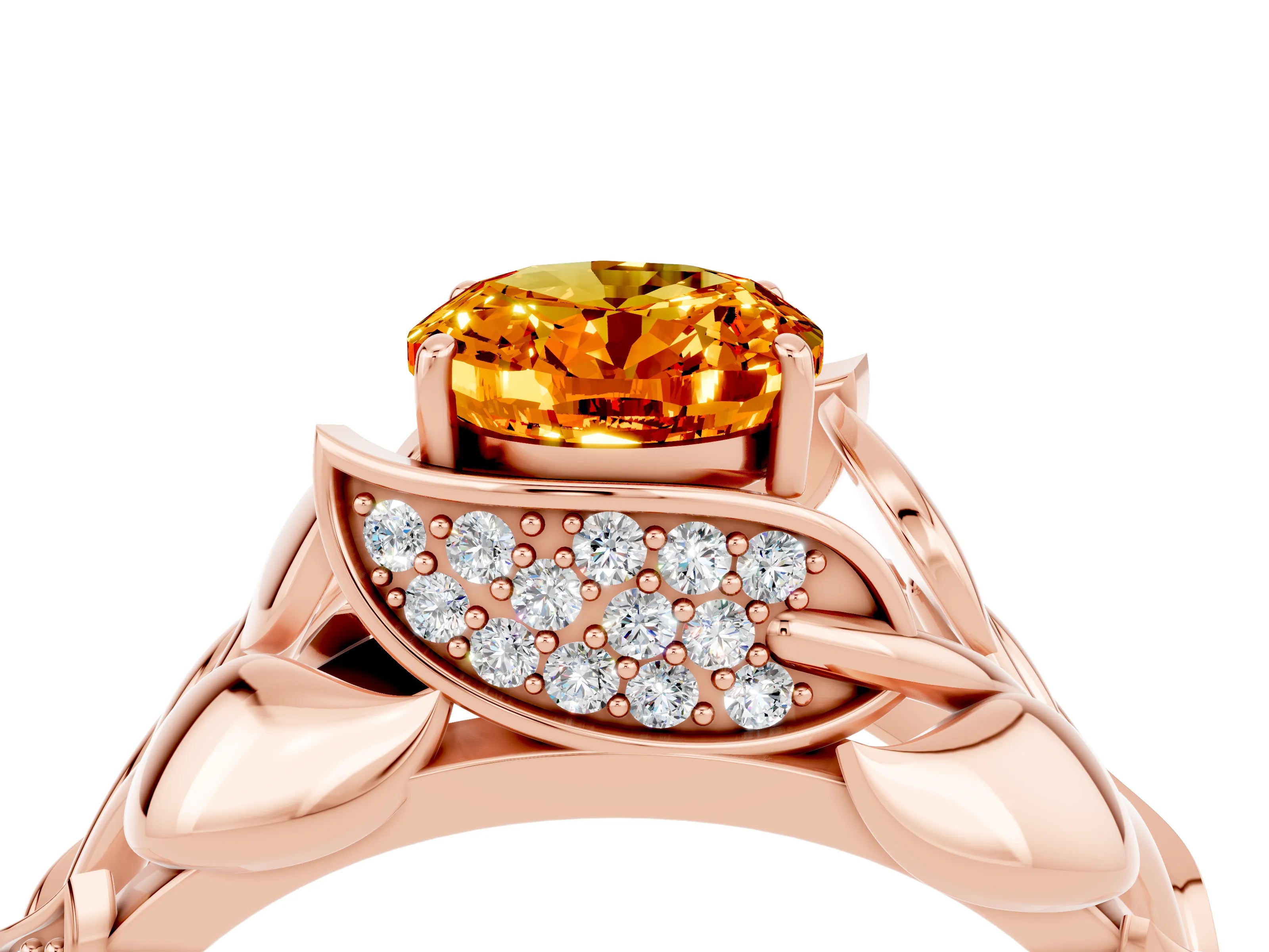 Rose gold Oval Cut Solitaire Leaf-Inspired Engagement Ring with Prong Setting_4