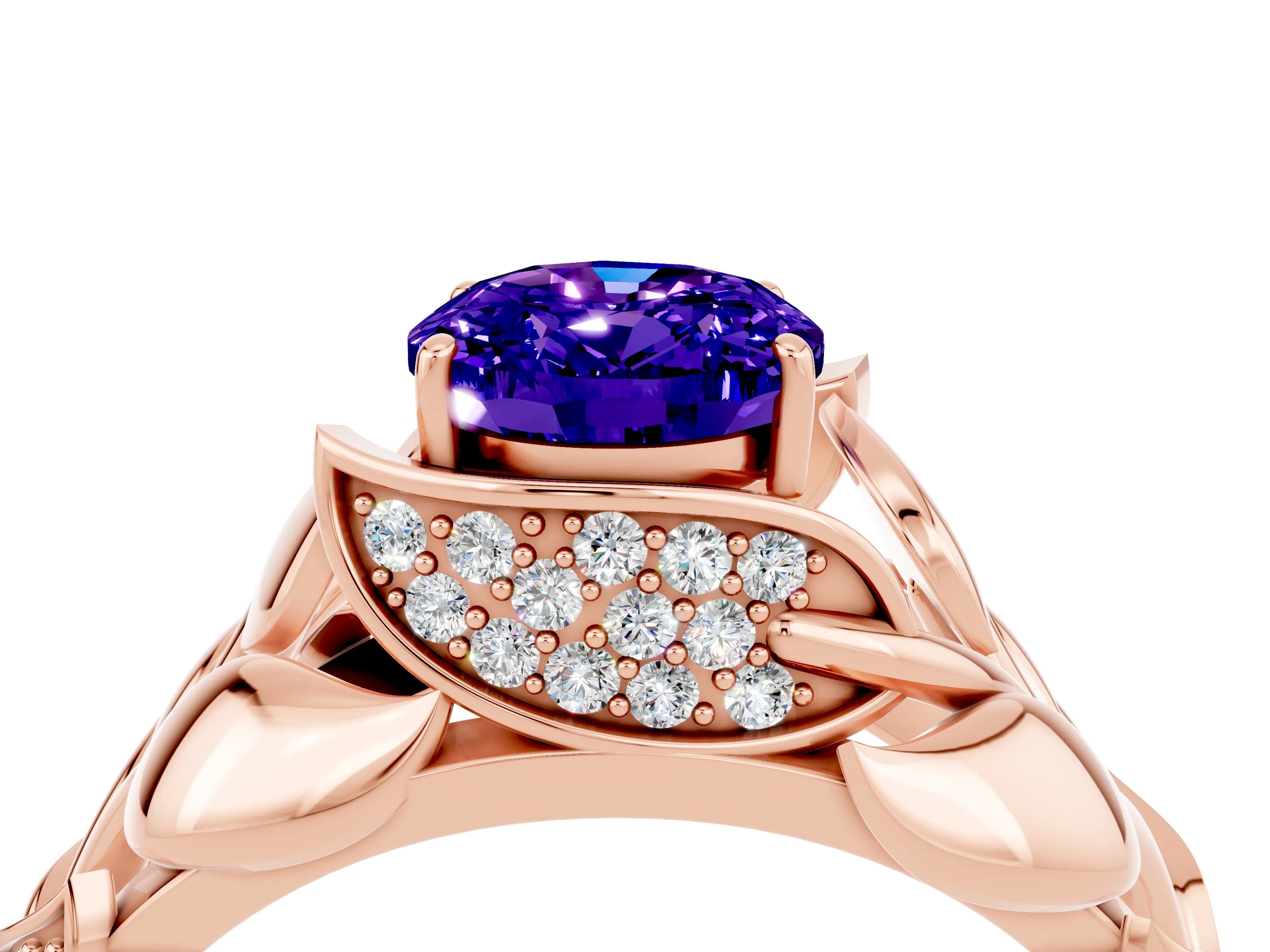Rose gold Oval Cut Solitaire Leaf-Inspired Engagement Ring with Prong Setting_4